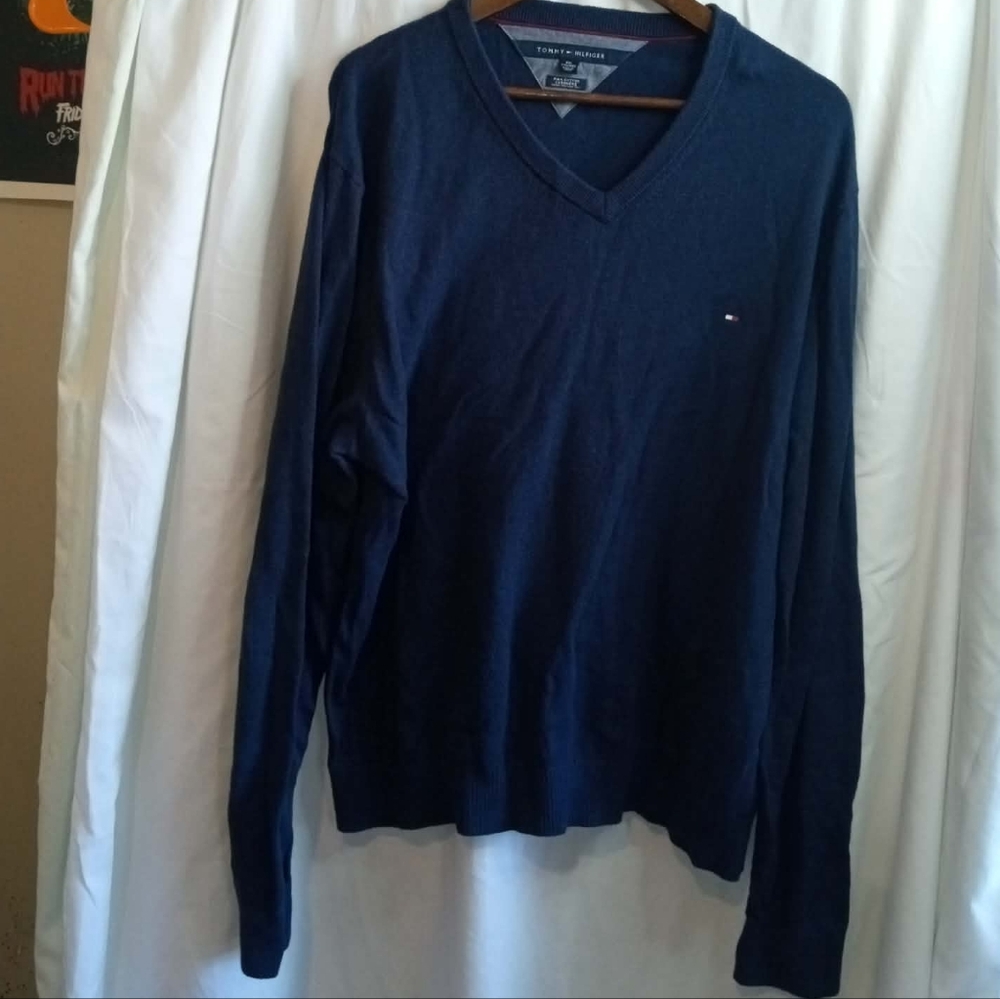 Tommy Hilfiger XXL Pima Cotton Cashmere Dark Blue V-Neck Sweater Classic Preppy